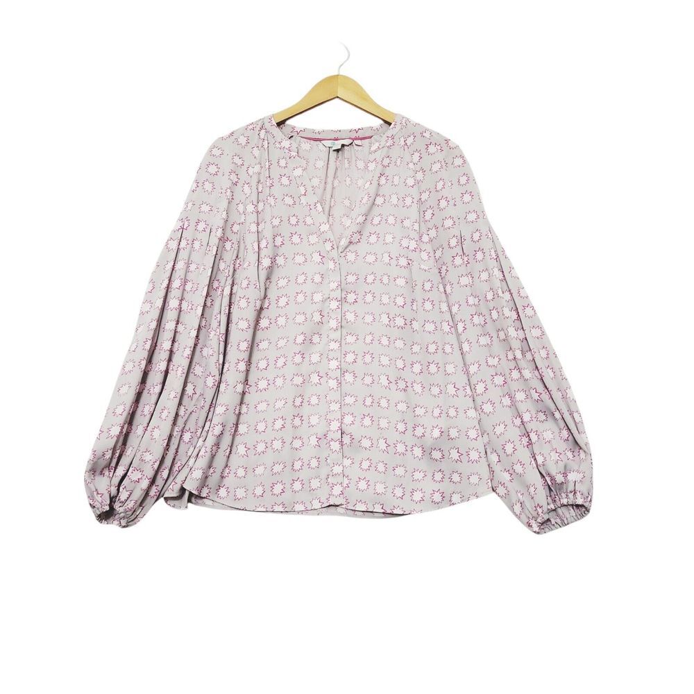 Boden Harriet Blouse Women's 12 Gray Pink White Starburst Blouson Sleeve Button